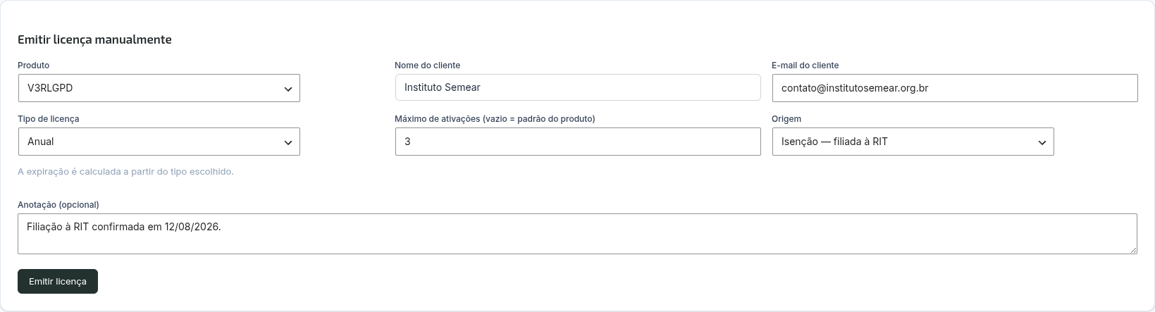 Formulário "Emitir licença manualmente" preenchido para uma isenção: produto V3RLGPD, cliente Instituto Semear, tipo Anual, máximo de ativações 3, origem "Isenção — filiada à RIT" e anotação "Filiação à RIT confirmada em 12/08/2026."