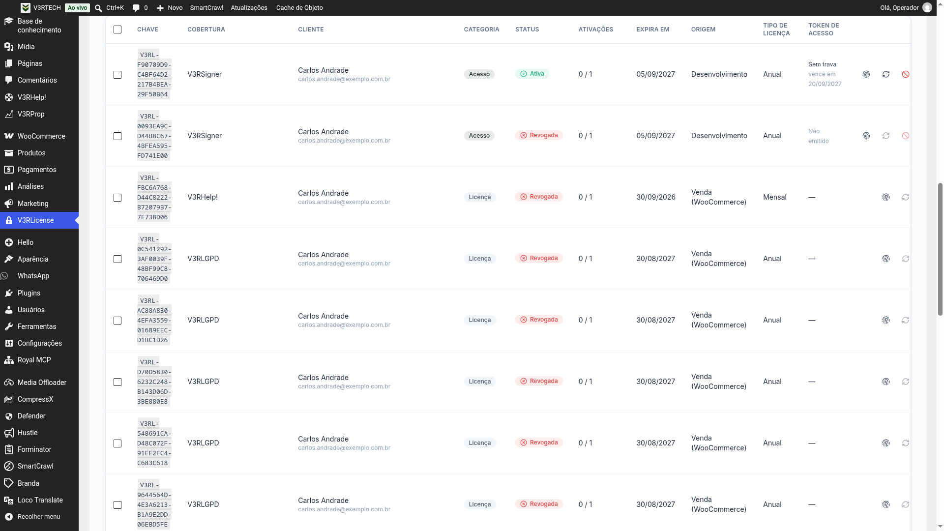 Lista "Licenças e acessos" mostrando as colunas Categoria (Licença ou Acesso) e Token de acesso (trava e validade, ou "Não emitido"), lado a lado com Cobertura, Cliente, Status e Ações