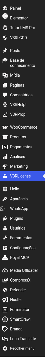 Menu lateral do WordPress com o item V3RLicense destacado em azul, entre Plugins e Hello